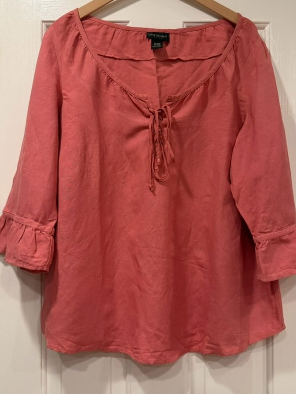 Lane Bryant Womens 18/20W Coral Linen Blend Peasant Blouse Bell Sleeve Top